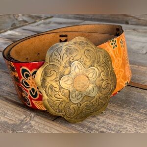 Chicos Leather Statement Belt Tooled Multicolor Floral Boho Hippy Wide Womens  M